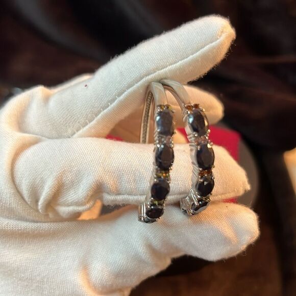 Midnight Sapphire and Multi-Tourmaline Hoop Earrings Stainless Steel 11.35 ctw - Picture 6 of 15